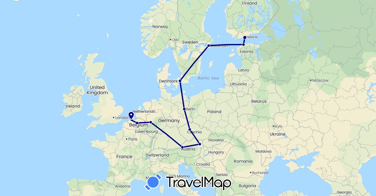 TravelMap itinerary: driving in Austria, Belgium, Czech Republic, Germany, Denmark, Estonia, Finland, Sweden (Europe)