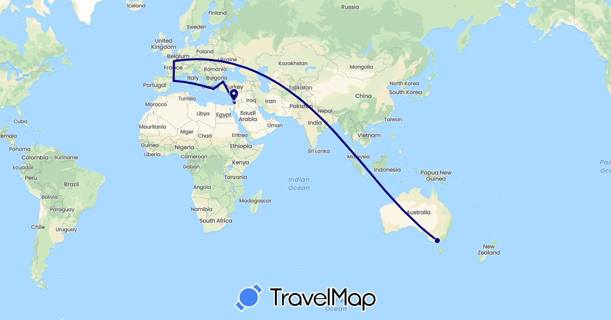TravelMap itinerary: driving in Australia, Spain, France, Greece, Israel, Singapore, Turkey (Asia, Europe, Oceania)